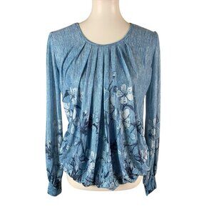 Timeson Blue Floral Pleated Long‎ Sleeve Flowy Top Medium